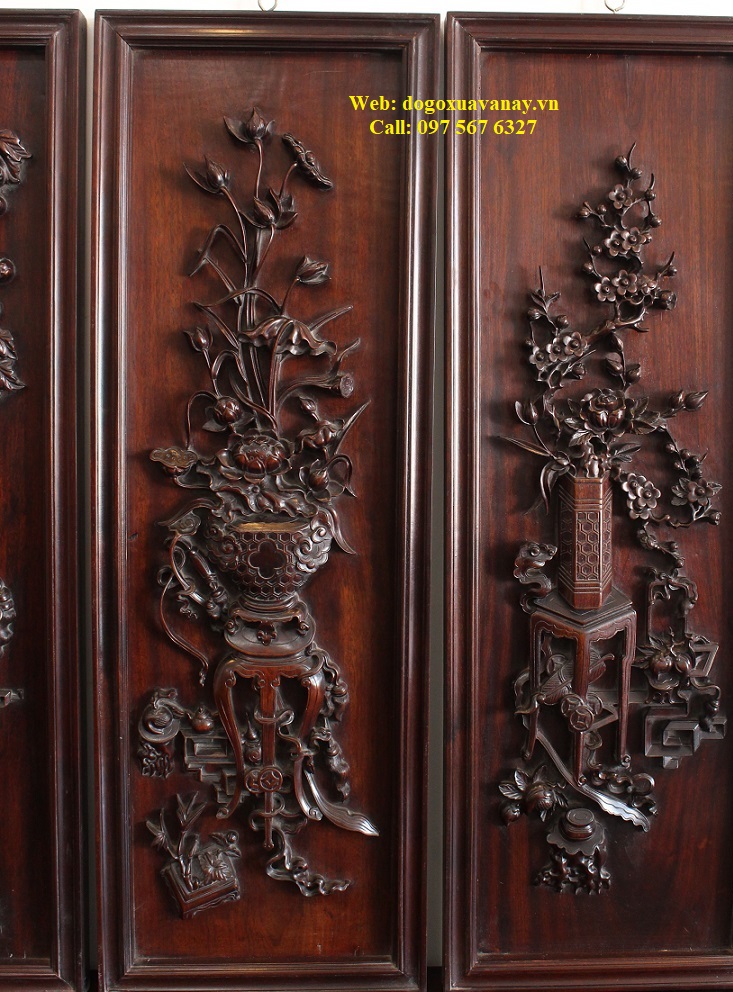 bộ tứ bình gỗ gụ đục đẹp